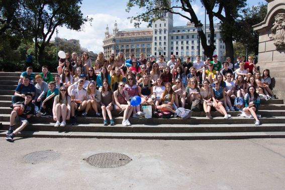 TYs on the steps at Placa Catalunya, Barcelona